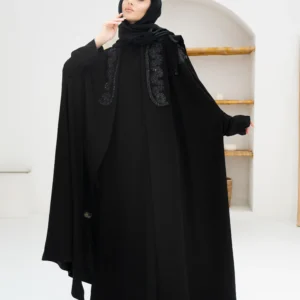 Velvet Shadow Abaya, Embroidered Black Abaya, Sophisticated Evening Wear, Luxurious Black Abaya