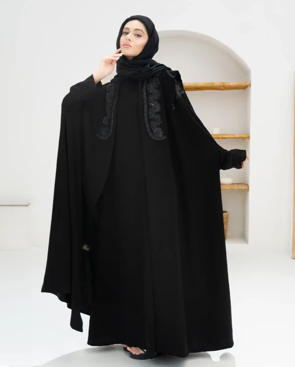 Velvet Shadow Abaya, Embroidered Black Abaya, Sophisticated Evening Wear, Luxurious Black Abaya